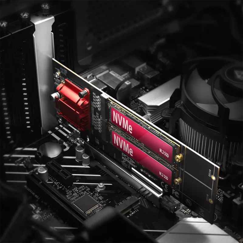 Axagon PCEM2-ND PCIe x8 - dual M.2 NVMe M-key slot adapter, RAID, dataswitch, w. SP & LP