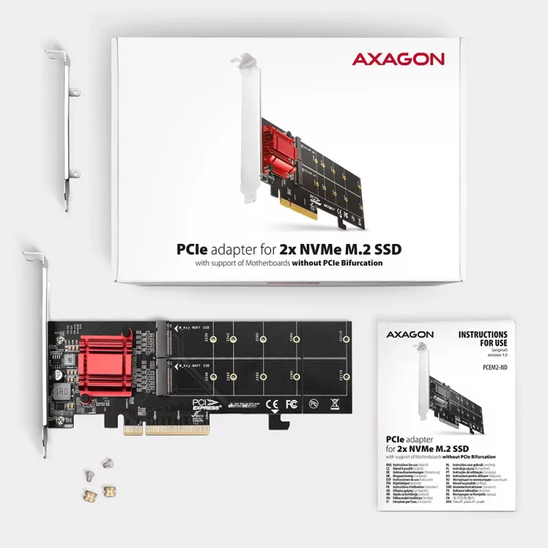 Axagon PCEM2-ND PCIe x8 - dual M.2 NVMe M-key slot adapter, RAID, dataswitch, w. SP & LP