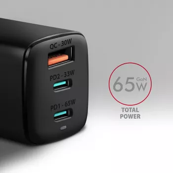 Axagon ACU-DPQ65 GaN Wall charger 65W, 3x port (USB-A + dual USB-C), PD3.0/QC4+/PPS/Apple
