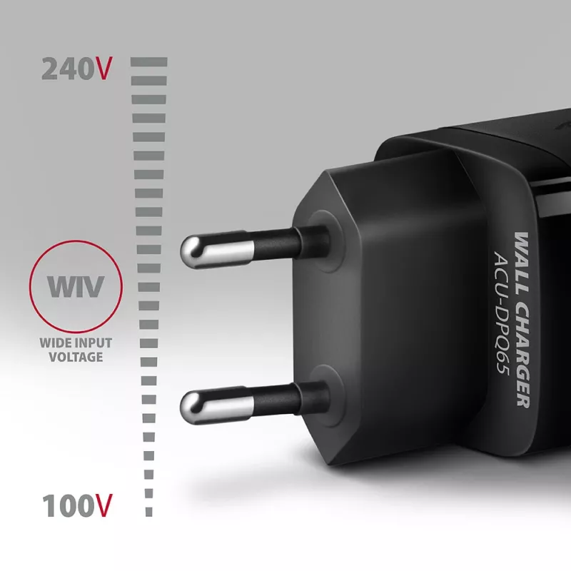 Axagon ACU-DPQ65 GaN Wall charger 65W, 3x port (USB-A + dual USB-C), PD3.0/QC4+/PPS/Apple