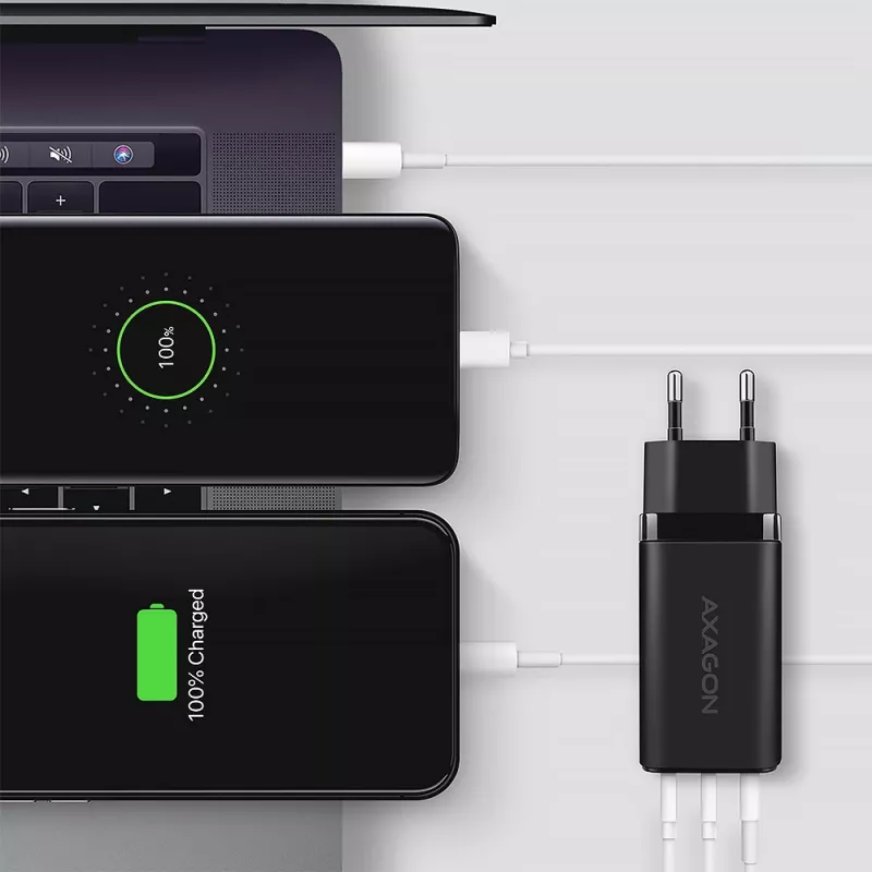 Axagon ACU-DPQ65 GaN Wall charger 65W, 3x port (USB-A + dual USB-C), PD3.0/QC4+/PPS/Apple