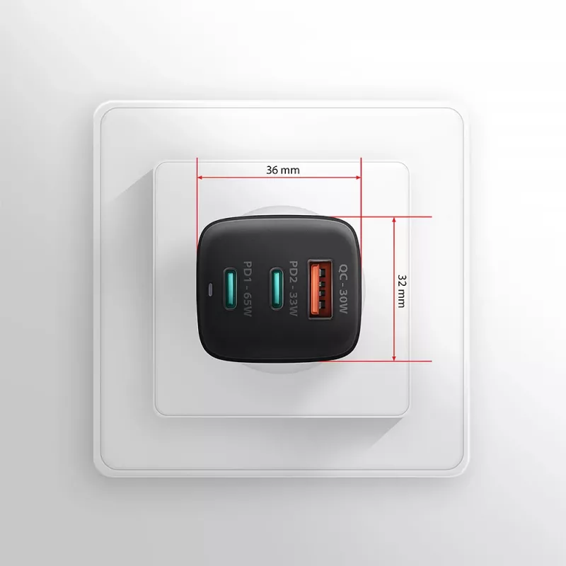 Axagon ACU-DPQ65 GaN Wall charger 65W, 3x port (USB-A + dual USB-C), PD3.0/QC4+/PPS/Apple