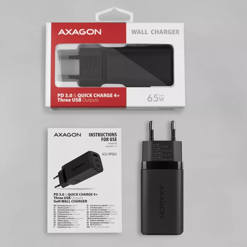 Axagon ACU-DPQ65 GaN Wall charger 65W, 3x port (USB-A + dual USB-C), PD3.0/QC4+/PPS/Apple