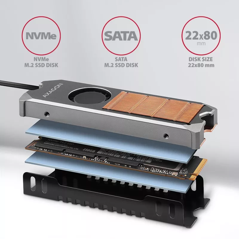 Axagon CLR-M2FAN Copper heatsink with fan for single-sided and double-sided M.2 SSD disks, size 2280, height 13 mm.