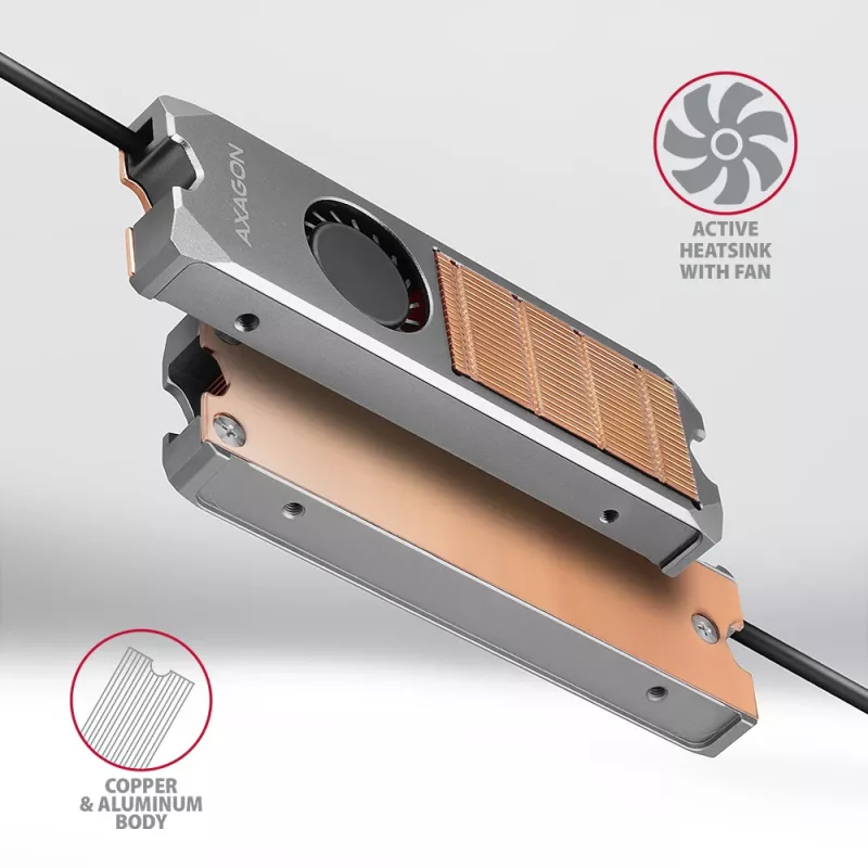 Axagon CLR-M2FAN Copper heatsink with fan for single-sided and double-sided M.2 SSD disks, size 2280, height 13 mm.