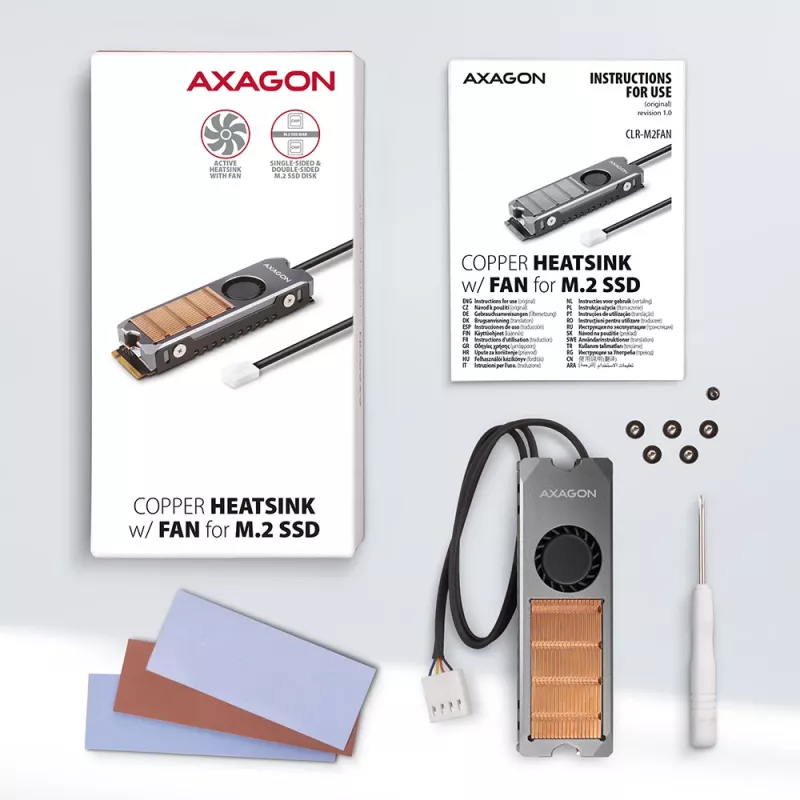 Axagon CLR-M2FAN Copper heatsink with fan for single-sided and double-sided M.2 SSD disks, size 2280, height 13 mm.