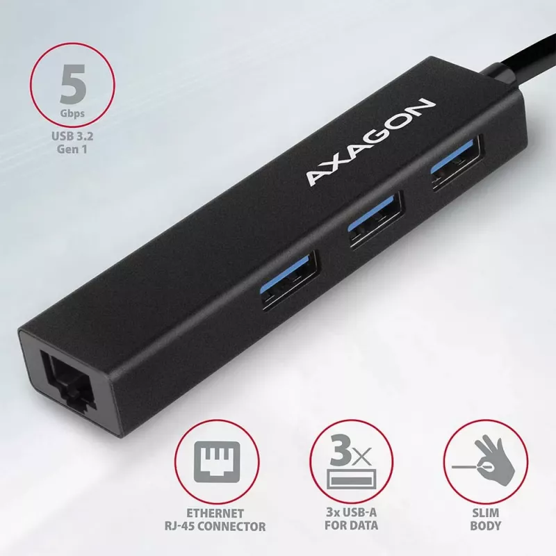 Axagon HMA-GL3A Multiport-Hub USB 3.0 Typ A Gbit-LAN 3x USB-A microSD Wired USB 3.2 Gen 1 (3.1 Gen 1) Type-A Black
