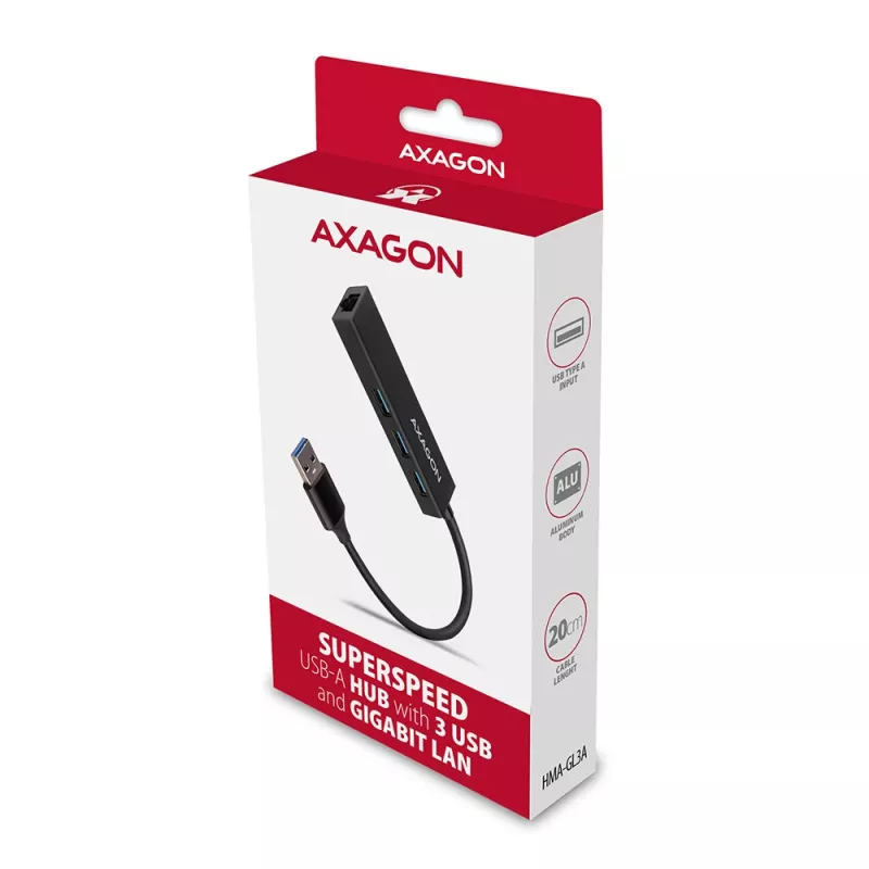 Axagon HMA-GL3A Multiport-Hub USB 3.0 Typ A Gbit-LAN 3x USB-A microSD Wired USB 3.2 Gen 1 (3.1 Gen 1) Type-A Black