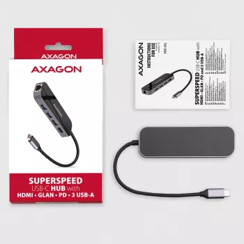 Axagon HMC-6GL USB 3.2 Gen 1 hub, 3x USB-A, HDMI 4k/30Hz, RJ-45, PD 100W, 20cm USB-C cable