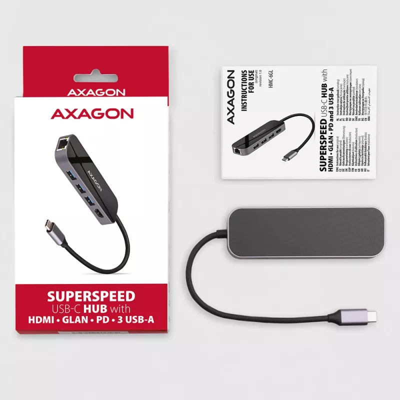 Axagon HMC-6GL USB 3.2 Gen 1 hub, 3x USB-A, HDMI 4k/30Hz, RJ-45, PD 100W, 20cm USB-C cable