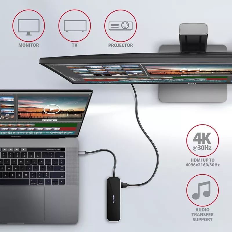 Axagon HMC-6GL USB 3.2 Gen 1 hub, 3x USB-A, HDMI 4k/30Hz, RJ-45, PD 100W, 20cm USB-C cable