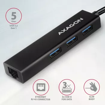 USB-C Hub Axagon HMC-GL3A 3x USB-A Gbit-LAN Black