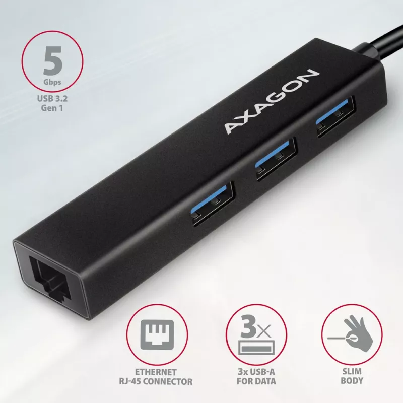 USB-C Hub Axagon HMC-GL3A 3x USB-A Gbit-LAN Black