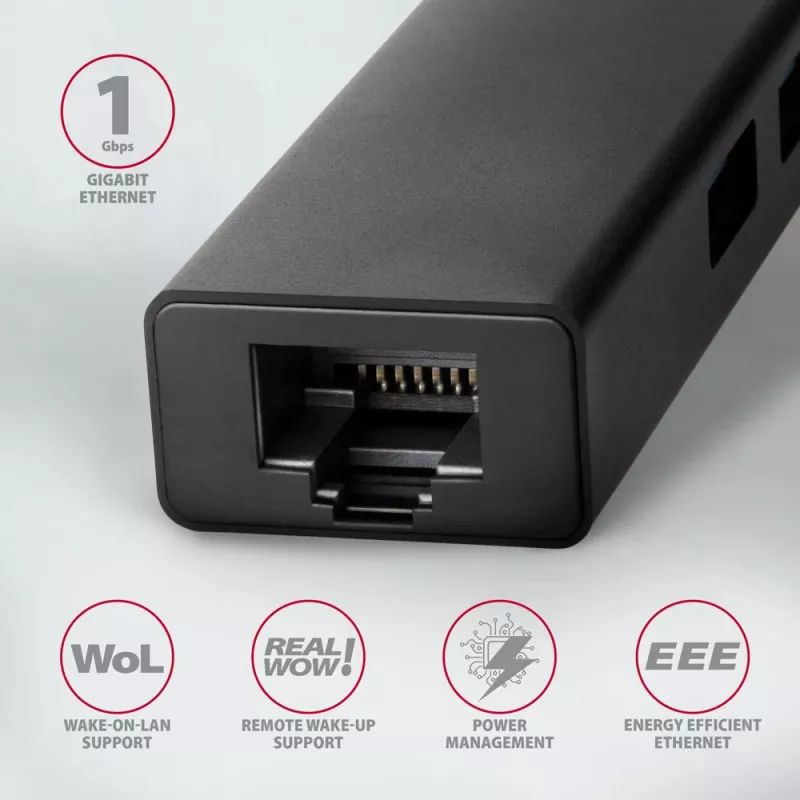 USB-C Hub Axagon HMC-GL3A 3x USB-A Gbit-LAN Black