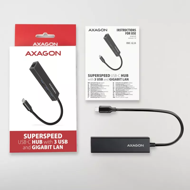USB-C Hub Axagon HMC-GL3A 3x USB-A Gbit-LAN Black