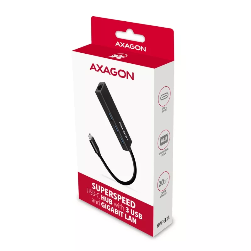 USB-C Hub Axagon HMC-GL3A 3x USB-A Gbit-LAN Black
