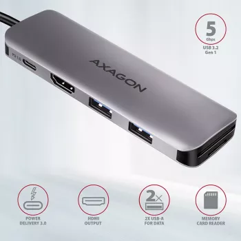 Axagon HMC-5 USB 3.2 Gen 1 hub, 2x USB-A, HDMI, SD/microSD, PD 100W, 20cm USB-C cable