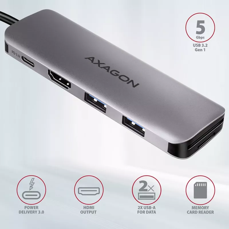 Axagon HMC-5 USB 3.2 Gen 1 hub, 2x USB-A, HDMI, SD/microSD, PD 100W, 20cm USB-C cable