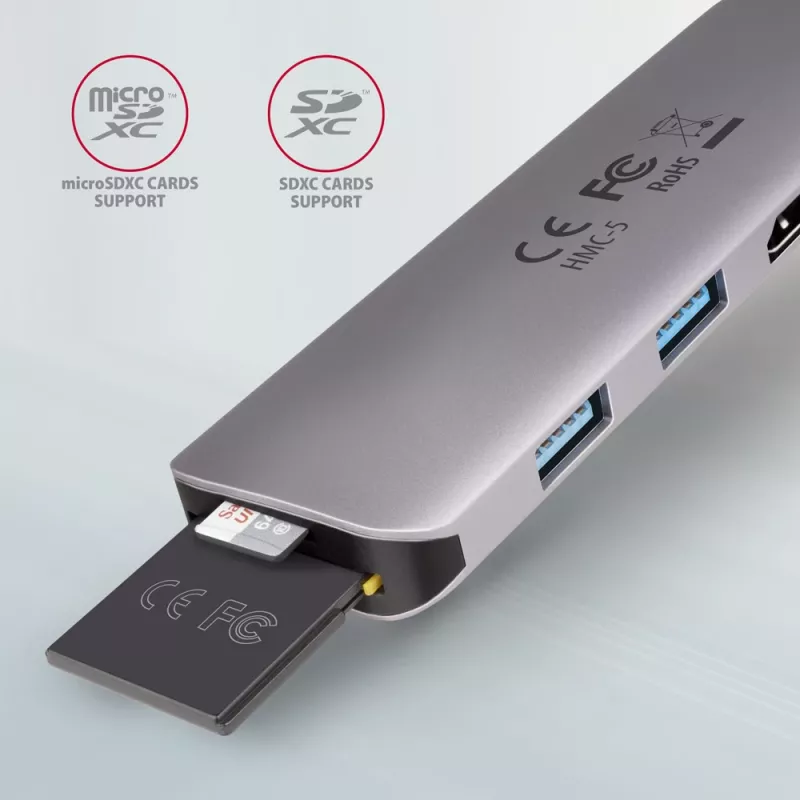 Axagon HMC-5 USB 3.2 Gen 1 hub, 2x USB-A, HDMI, SD/microSD, PD 100W, 20cm USB-C cable
