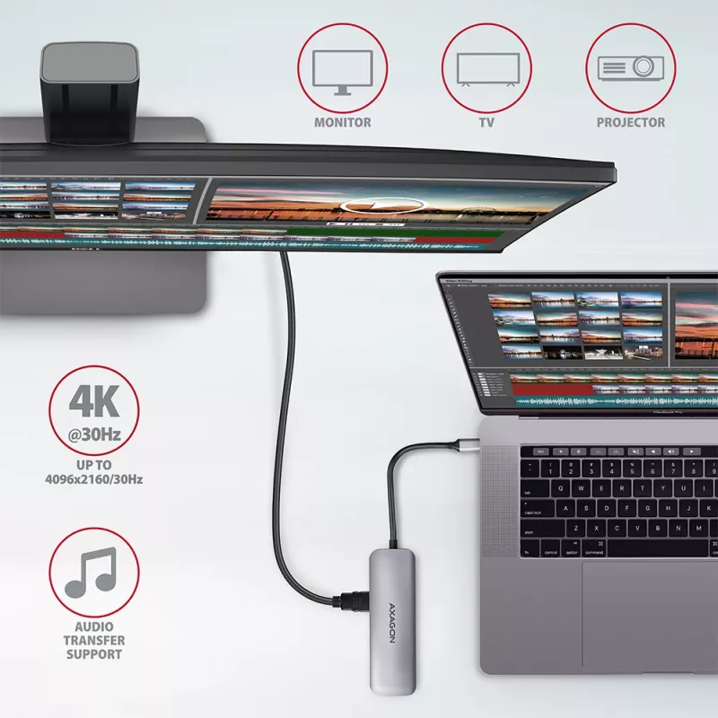 Axagon HMC-5 USB 3.2 Gen 1 hub, 2x USB-A, HDMI, SD/microSD, PD 100W, 20cm USB-C cable