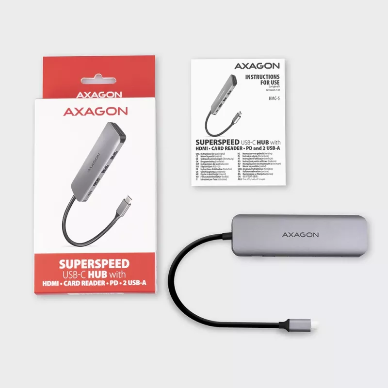 Axagon HMC-5 USB 3.2 Gen 1 hub, 2x USB-A, HDMI, SD/microSD, PD 100W, 20cm USB-C cable
