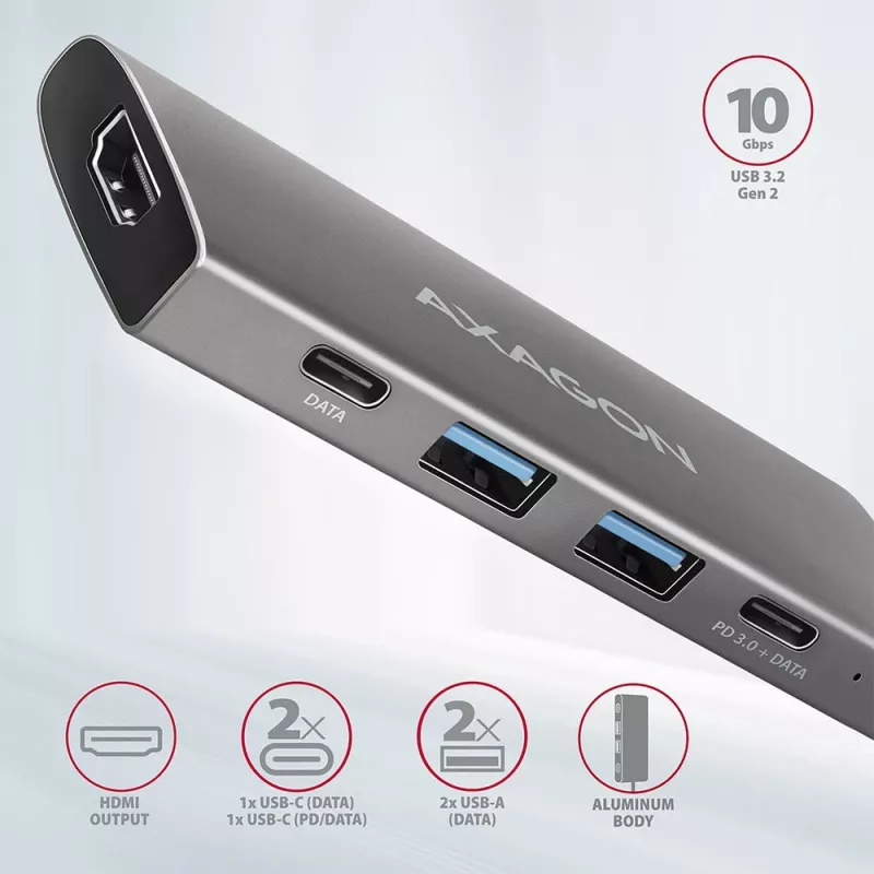 Axagon HMC-5G2 SPEEDSTER 5-in-1 USB-C Hub, 2x USB-A, 2x USB-C, HDMI, PD 60W
