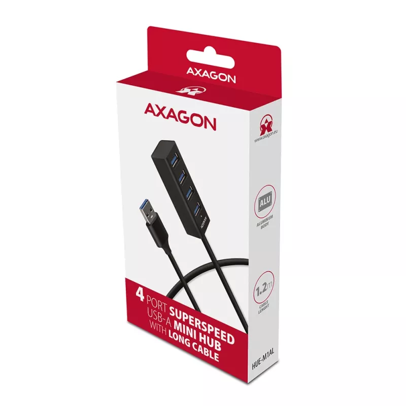 Axagon HUE-M1AL 4x USB 3.2 Gen 1 MINI hub, metal, 1.2m USB-A cable