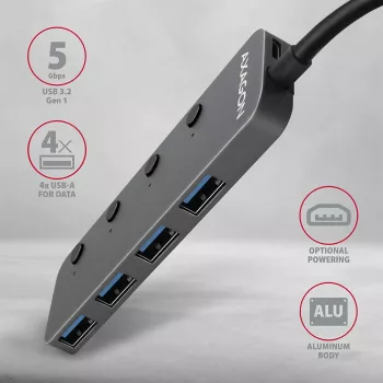 Axagon HUE-MSA Superspeed USB-A Switch Hub 4x USB 3.0 Active - 20cm Black USB 3.2 Gen 1 (3.1 Gen 1) Type-A 5000 Mbit/s Grey
