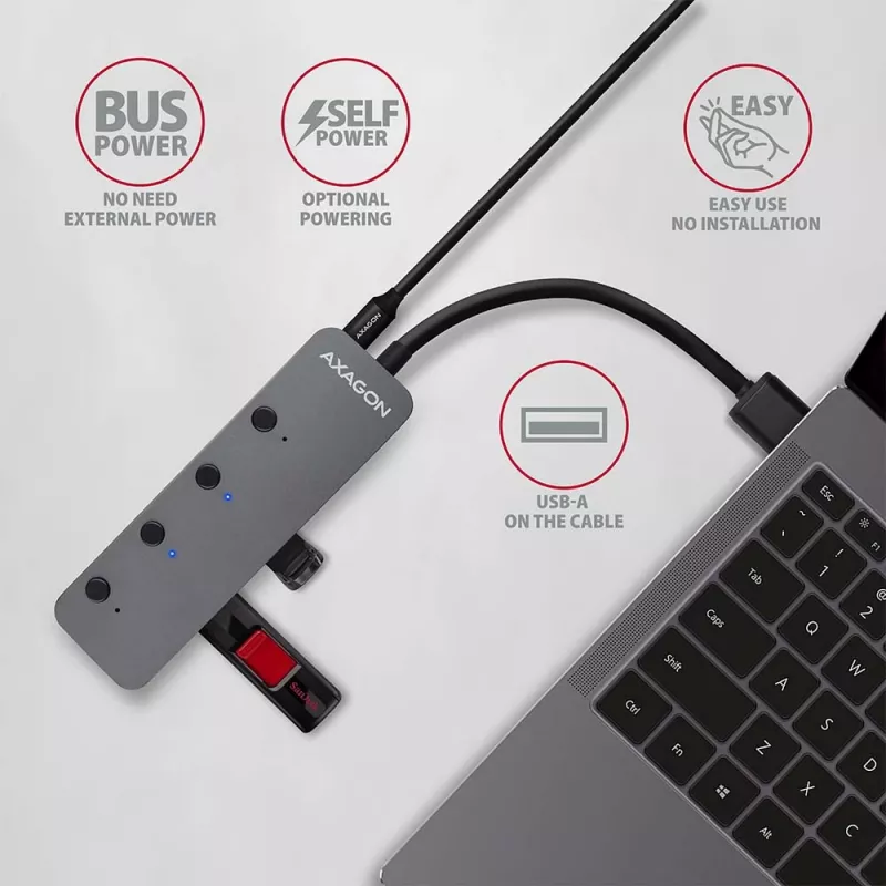 Axagon HUE-MSA Superspeed USB-A Switch Hub 4x USB 3.0 Active - 20cm Black USB 3.2 Gen 1 (3.1 Gen 1) Type-A 5000 Mbit/s Grey