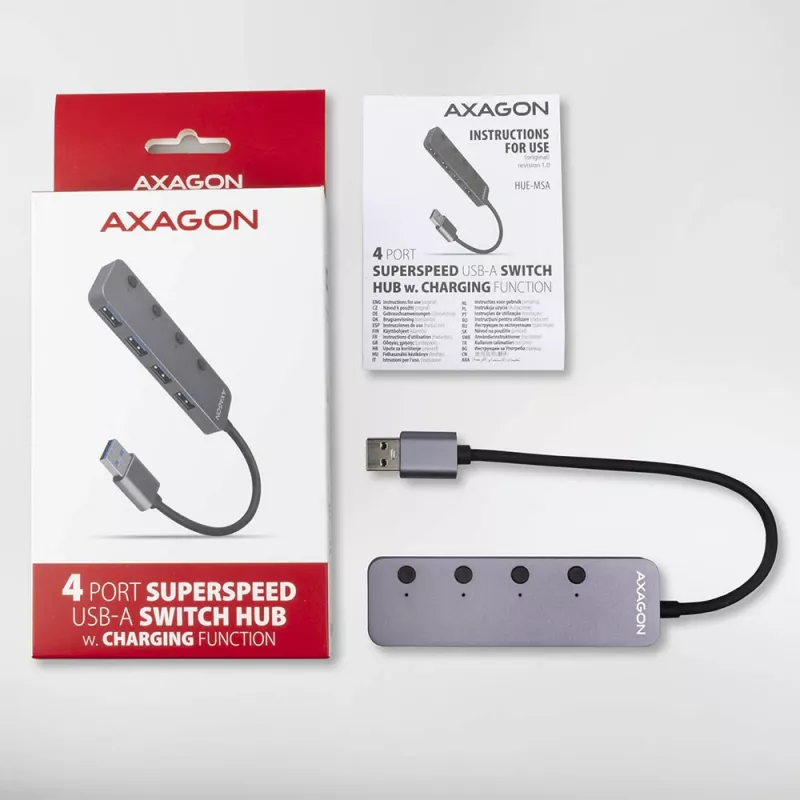 Axagon HUE-MSA Superspeed USB-A Switch Hub 4x USB 3.0 Active - 20cm Black USB 3.2 Gen 1 (3.1 Gen 1) Type-A 5000 Mbit/s Grey