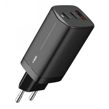 AC mobile device charger IBOX ILUC65B — 65 W, 3x USB (2x USB‑A Gen1, 1x USB‑C), black, 100–240 V