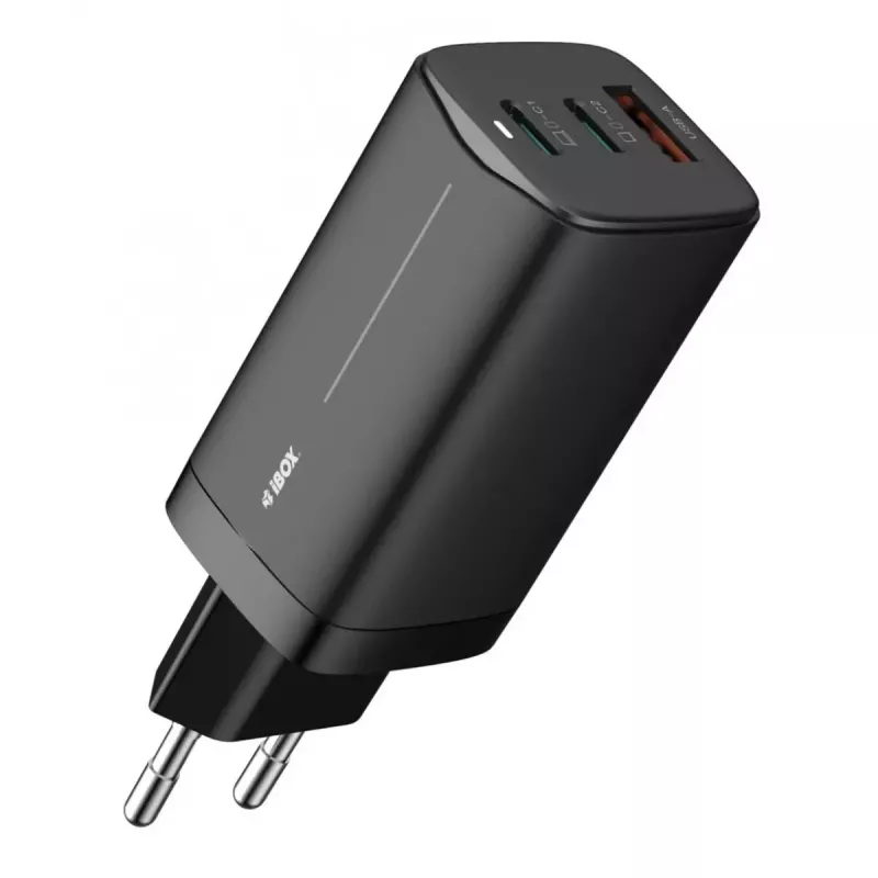 AC mobile device charger IBOX ILUC65B — 65 W, 3x USB (2x USB‑A Gen1, 1x USB‑C), black, 100–240 V