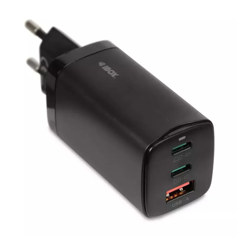AC mobile device charger IBOX ILUC65B — 65 W, 3x USB (2x USB‑A Gen1, 1x USB‑C), black, 100–240 V