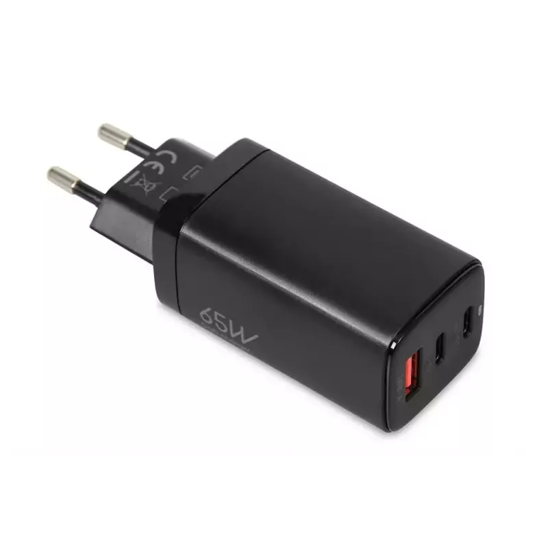 AC mobile device charger IBOX ILUC65B — 65 W, 3x USB (2x USB‑A Gen1, 1x USB‑C), black, 100–240 V