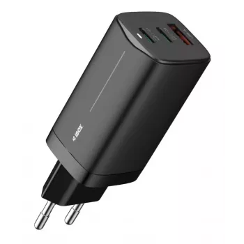 AC mobile device charger IBOX ILUC65B — 65 W, 3x USB (2x USB‑A Gen1, 1x USB‑C), black, 100–240 V