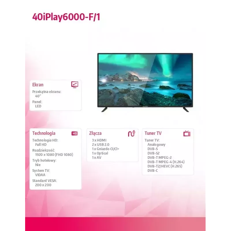 LED television Allview 40iPlay6000-F/1 40 inch (101 cm) FHD, VIDAA, Wi‑Fi, HDMI, USB, black