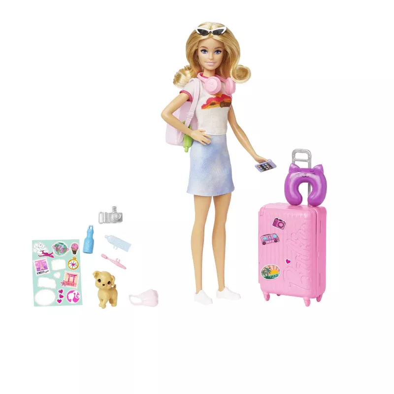 Barbie Dreamhouse Adventures Doll and Accessories, “Malibu” Travel Set with Puppy and 10+ Pieces Including Working Suitcase