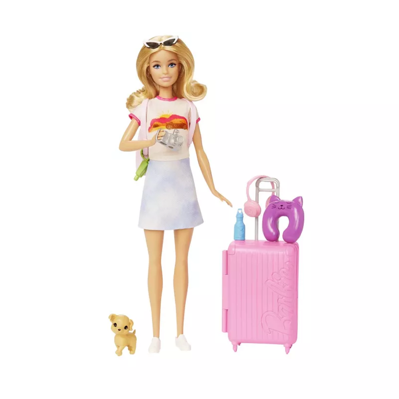 Barbie Dreamhouse Adventures Doll and Accessories, “Malibu” Travel Set with Puppy and 10+ Pieces Including Working Suitcase