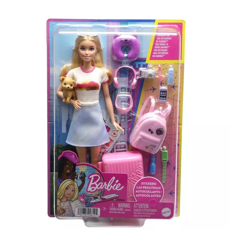 Barbie Dreamhouse Adventures Doll and Accessories, “Malibu” Travel Set with Puppy and 10+ Pieces Including Working Suitcase