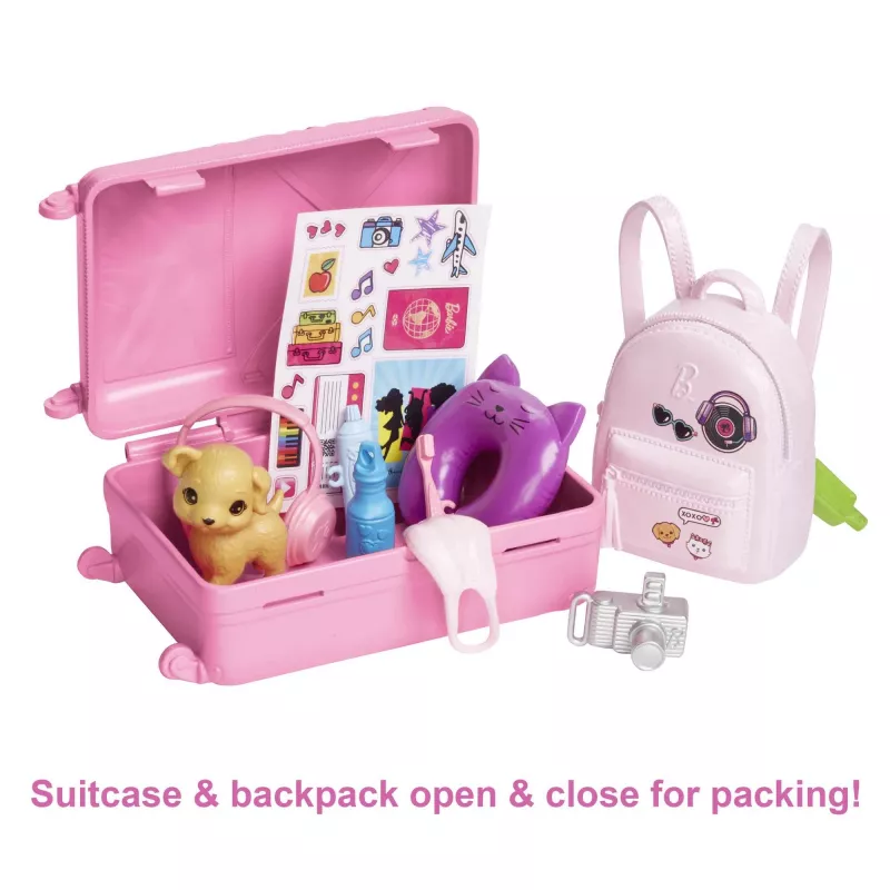 Barbie Dreamhouse Adventures Doll and Accessories, “Malibu” Travel Set with Puppy and 10+ Pieces Including Working Suitcase