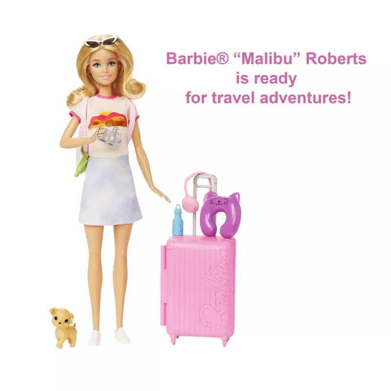 Barbie Dreamhouse Adventures Doll and Accessories, “Malibu” Travel Set with Puppy and 10+ Pieces Including Working Suitcase