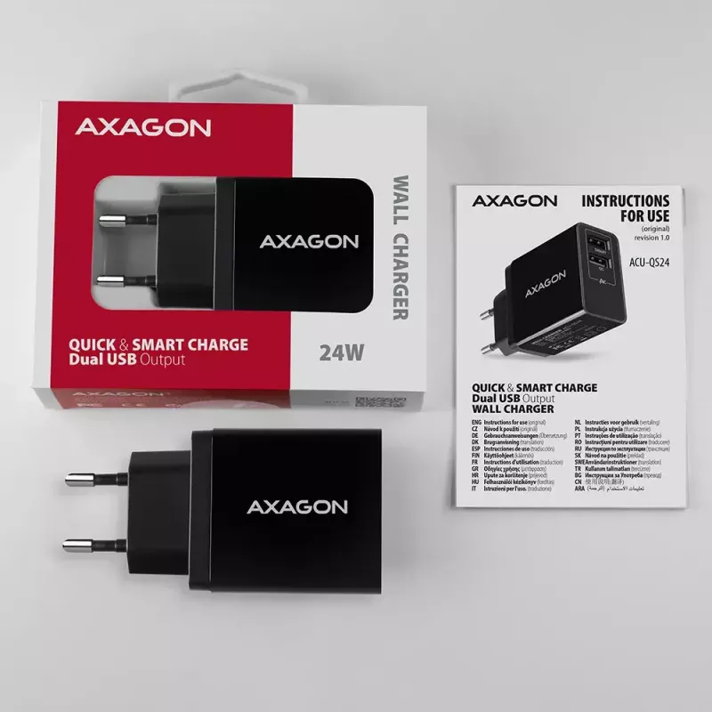 Axagon ACU-QS24 QUICK and SMART Wall charger, 2x USB port QC3.0/AFC/FCP + 5V-1.2A, 24W