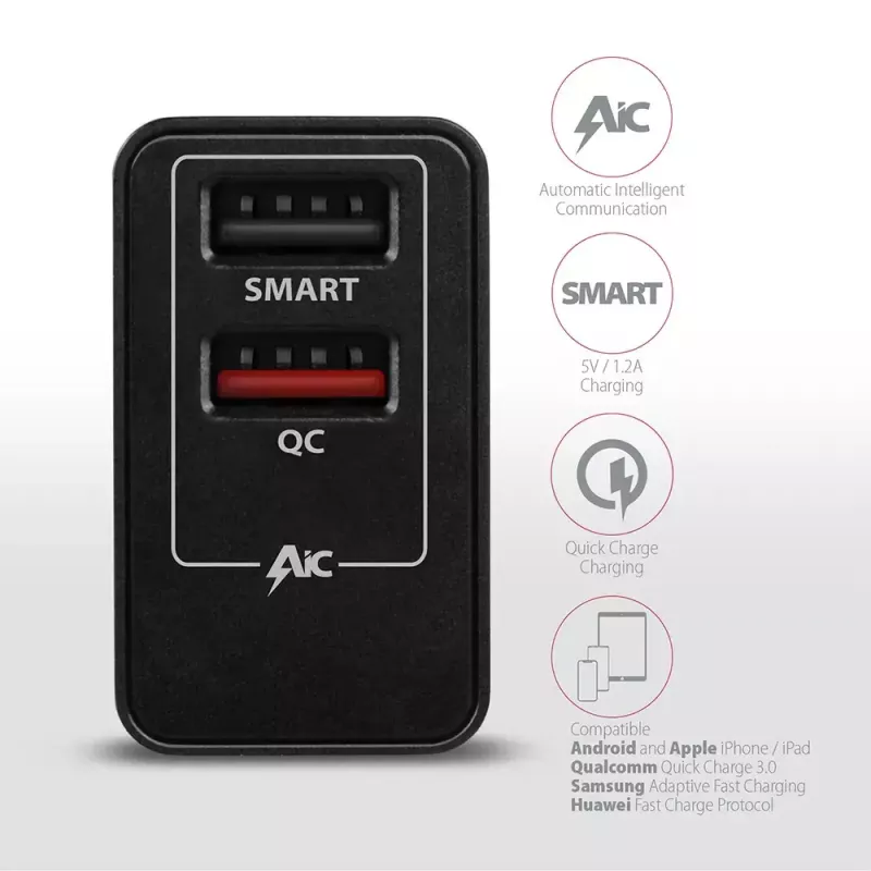 Axagon ACU-QS24 QUICK and SMART Wall charger, 2x USB port QC3.0/AFC/FCP + 5V-1.2A, 24W