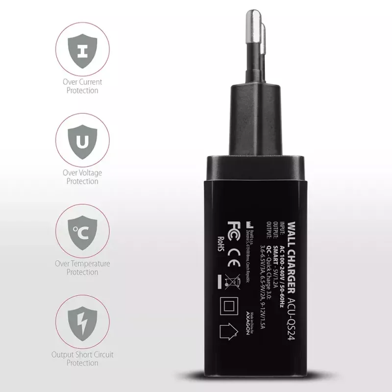 Axagon ACU-QS24 QUICK and SMART Wall charger, 2x USB port QC3.0/AFC/FCP + 5V-1.2A, 24W
