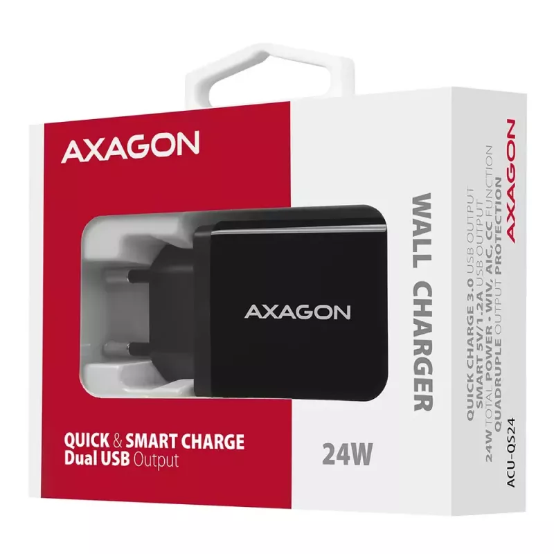Axagon ACU-QS24 QUICK and SMART Wall charger, 2x USB port QC3.0/AFC/FCP + 5V-1.2A, 24W
