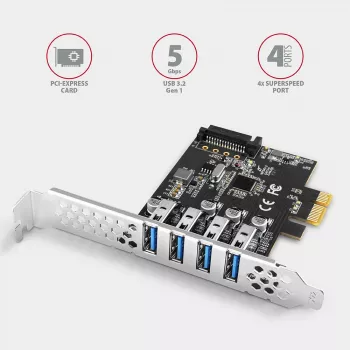 Axagon PCEU-43RS PCIe card - 4x USB 5 Gbps port, dual power, Renesas PD720201, SP & LP