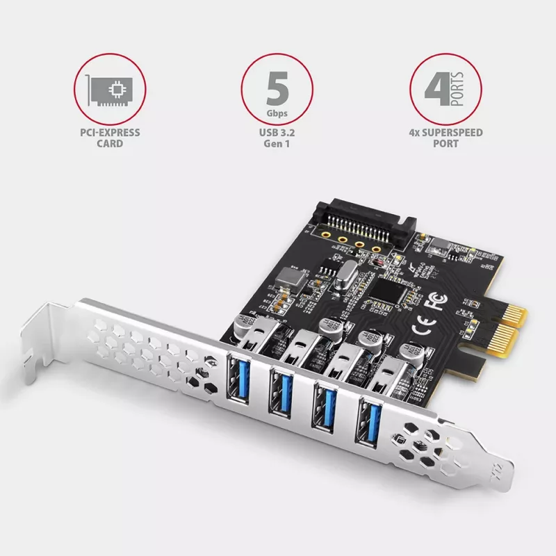 Axagon PCEU-43RS PCIe card - 4x USB 5 Gbps port, dual power, Renesas PD720201, SP & LP