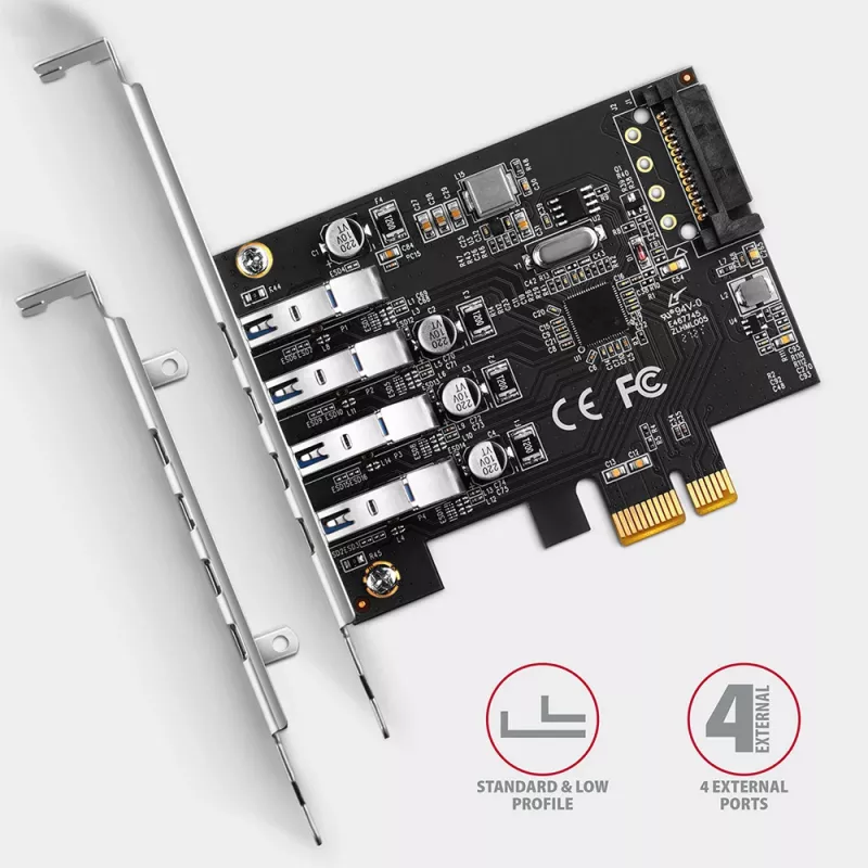 Axagon PCEU-43RS PCIe card - 4x USB 5 Gbps port, dual power, Renesas PD720201, SP & LP