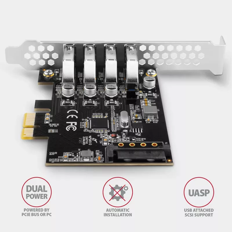 Axagon PCEU-43RS PCIe card - 4x USB 5 Gbps port, dual power, Renesas PD720201, SP & LP