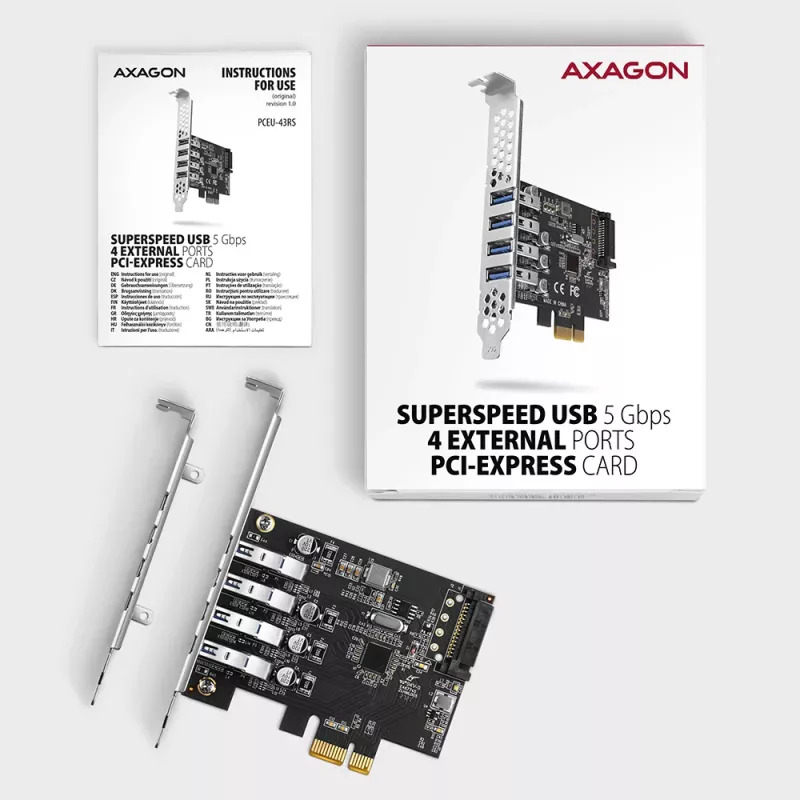Axagon PCEU-43RS PCIe card - 4x USB 5 Gbps port, dual power, Renesas PD720201, SP & LP